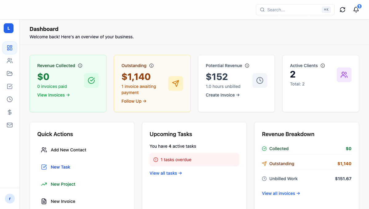LumenBill dashboard showing revenue, tasks, and invoice tracking