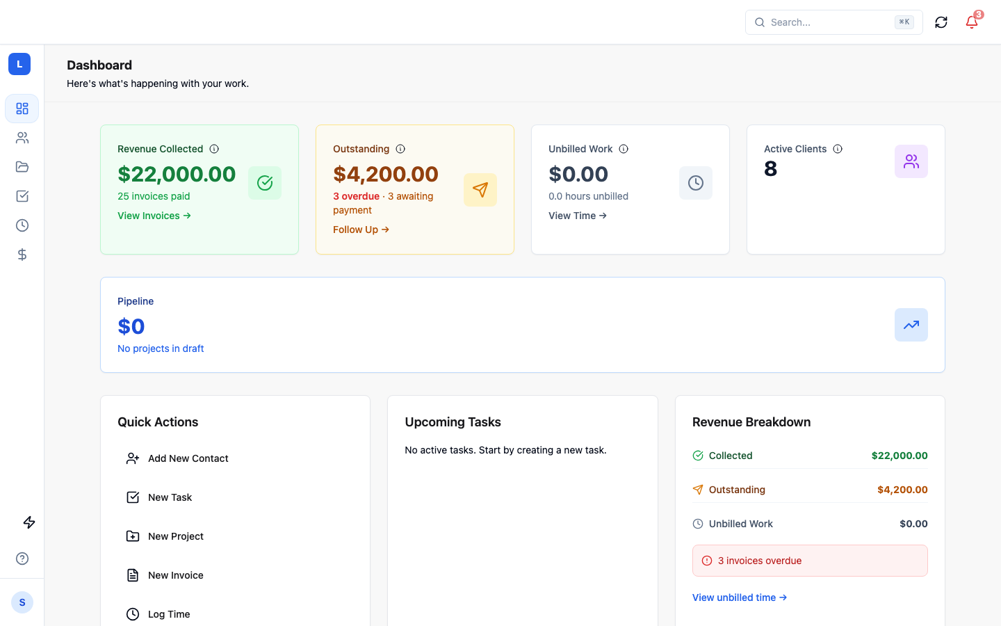 LumenBill dashboard showing revenue collected, outstanding invoices, and client overview
